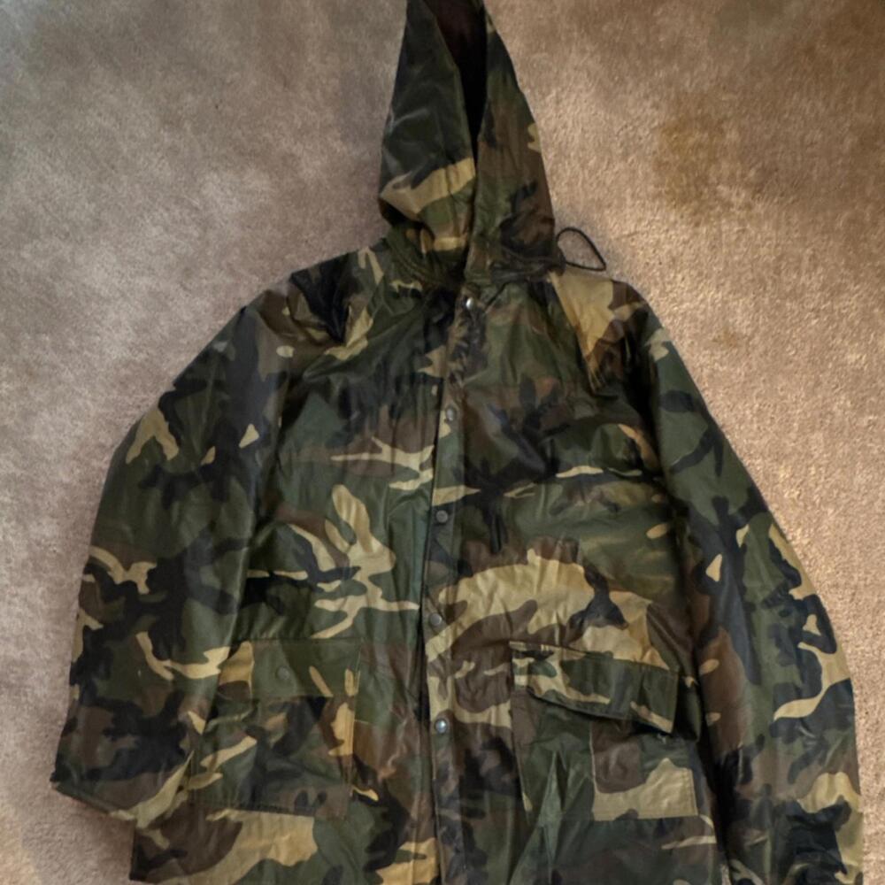 Vintage Duck Bay Camouflage Jacket PVC Waterproof Rain Coat Mens Size Medium
